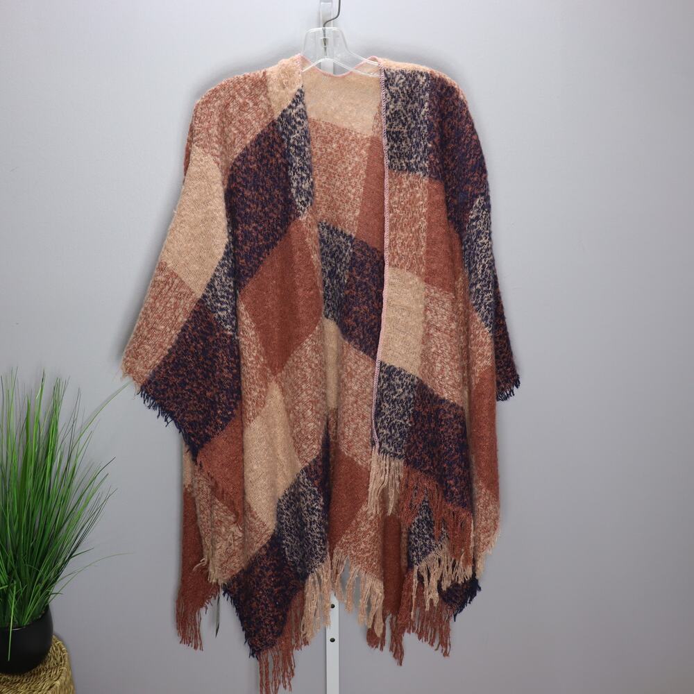 Marcus Adler Plaid Fringe Poncho One Size NWT Rust Navy Cream